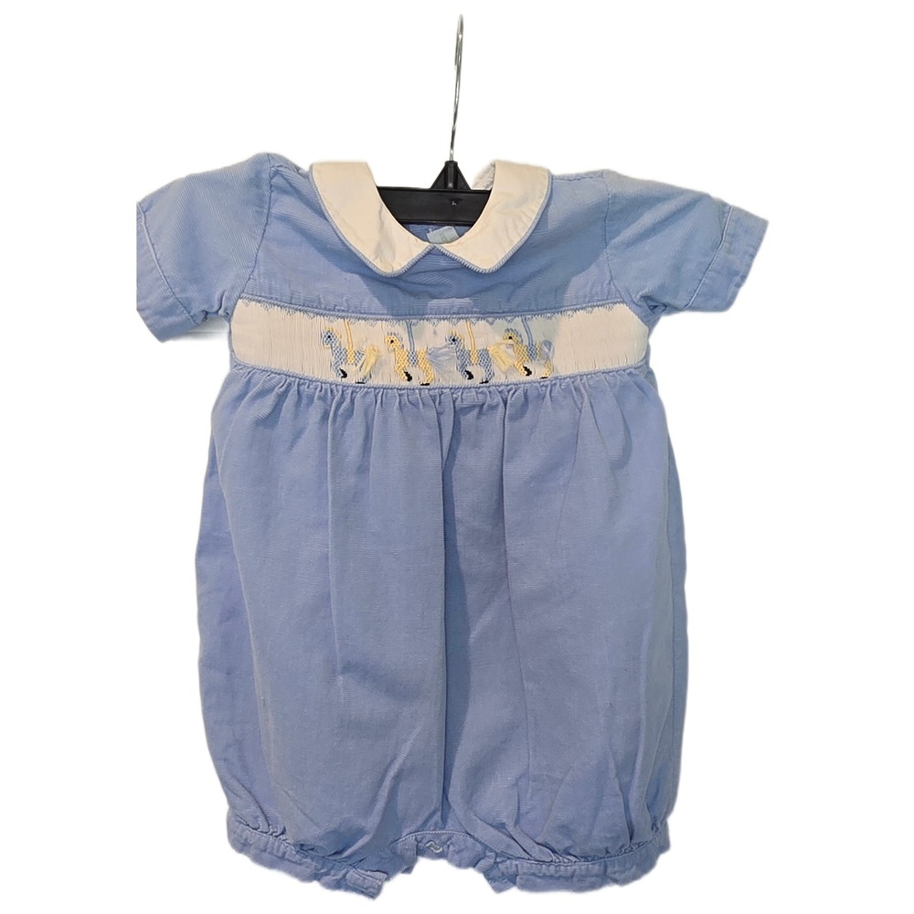 Vive La Fete Smocked Rocking Horse Blue Corduroy Bubble‎ Romper 9M